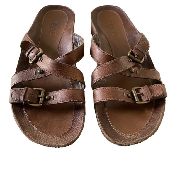 Ecco Brown Leather Comfort Strappy Slide Wrap Sandals Size 10 EUC - Picture 1 of 13